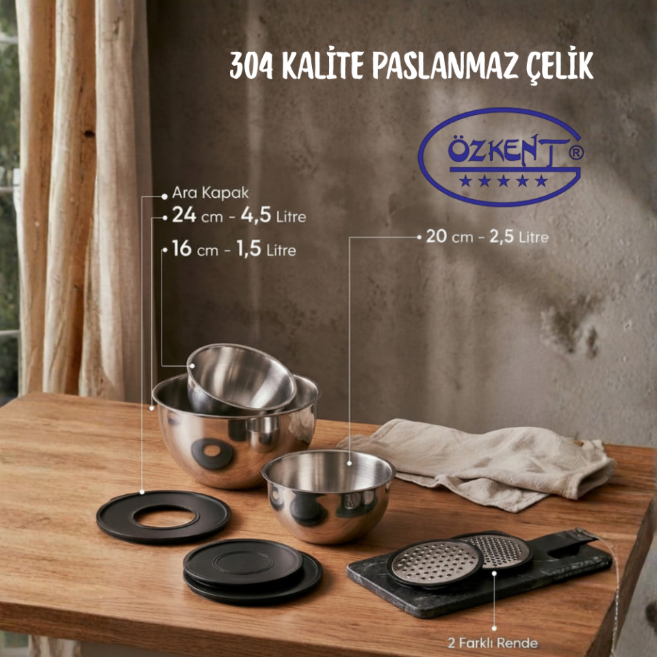 SmartBowl 9 Parça Paslanmaz Rendeli Karıştırma ve Saklama Kabı (16-20-24 cm)